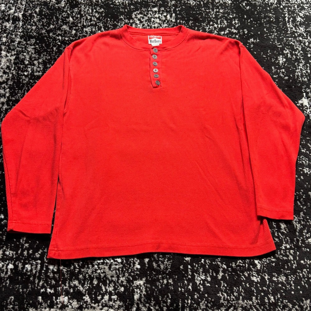 Vintage Marlboro Unlimited Red Waffle Knit Henley Shirt Mens XL Long Sleeve